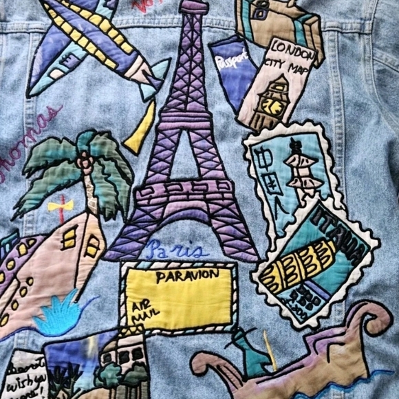 Silkscapes Women's Embroidered Travel The World Blue Jean Jacket Size Small Vtg - Picture 4 of 16